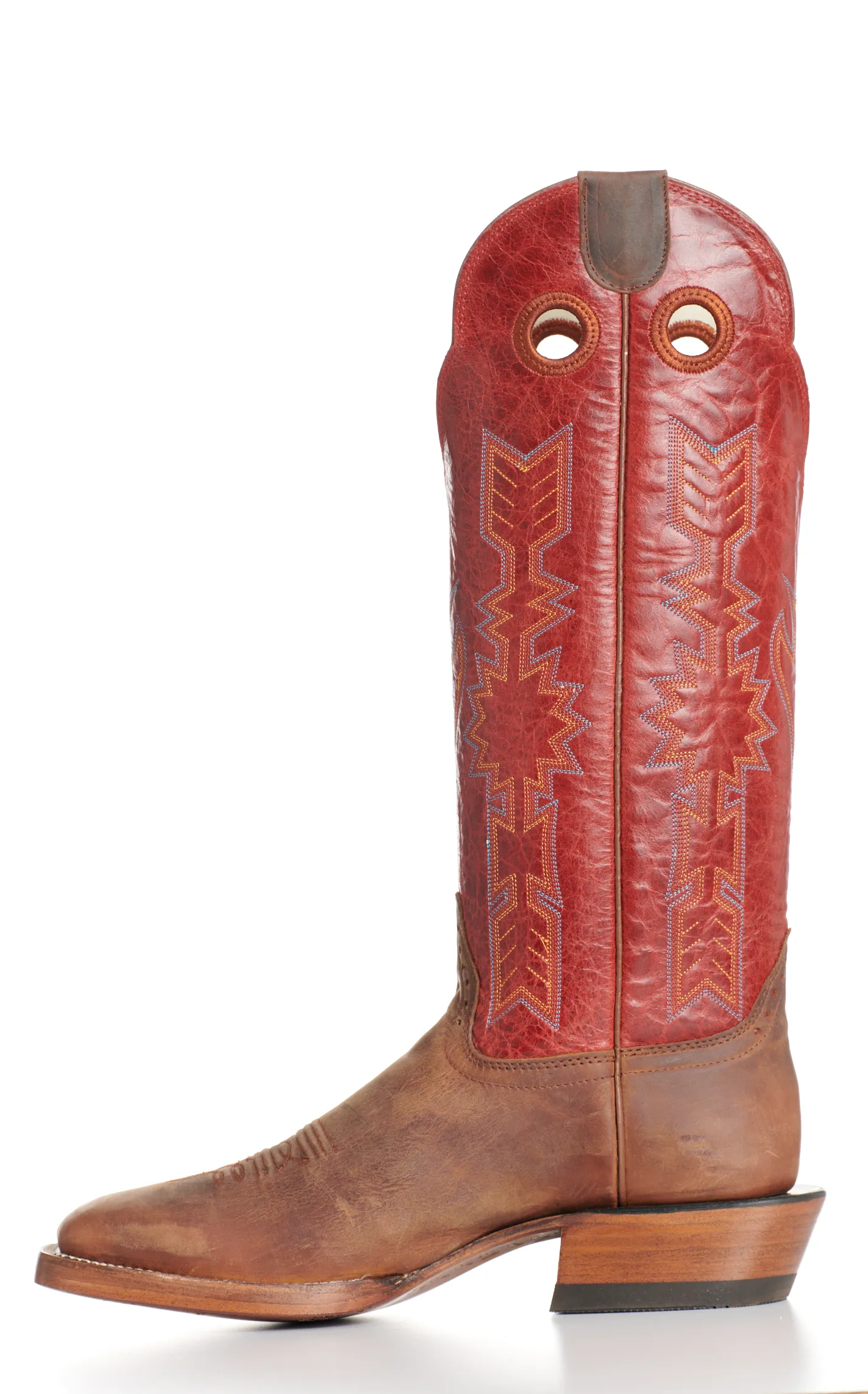 Hondo Men's Legend Waxy Brown and Red Wide Square Toe Buckaroo Cowboy Boots