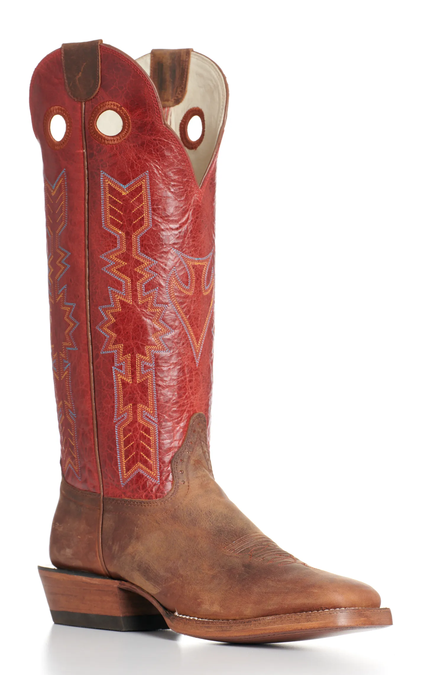 Hondo Men's Legend Waxy Brown and Red Wide Square Toe Buckaroo Cowboy Boots