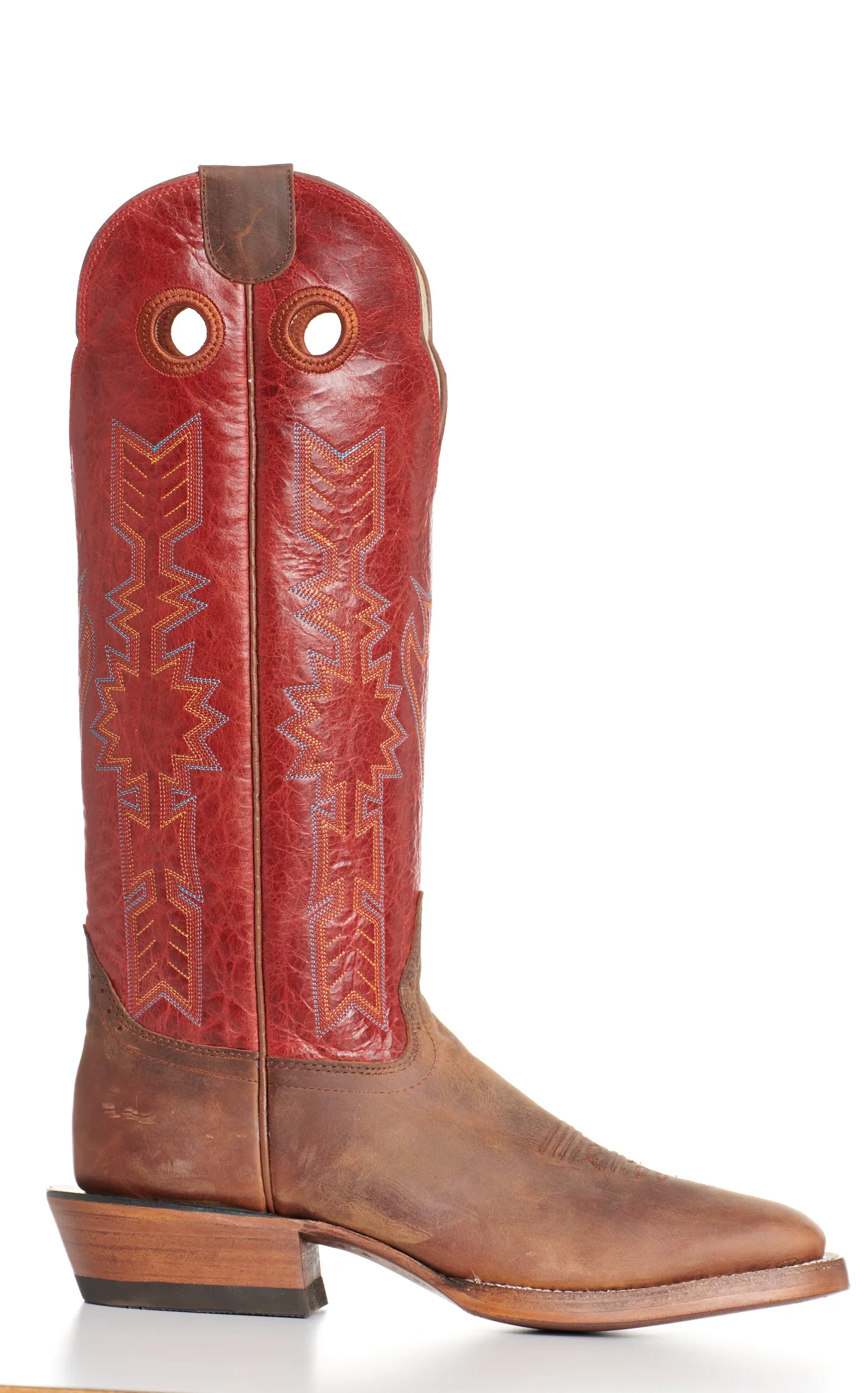 Hondo Men's Legend Waxy Brown and Red Wide Square Toe Buckaroo Cowboy Boots