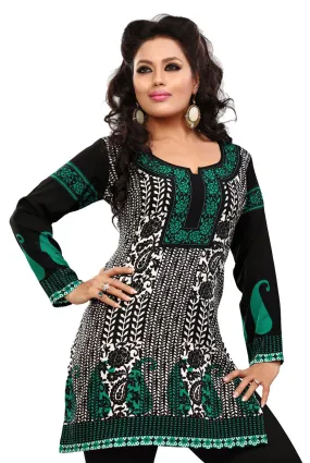 India Tunic Top Kurti Womens Printed Blouse Indian Apparel (Black)