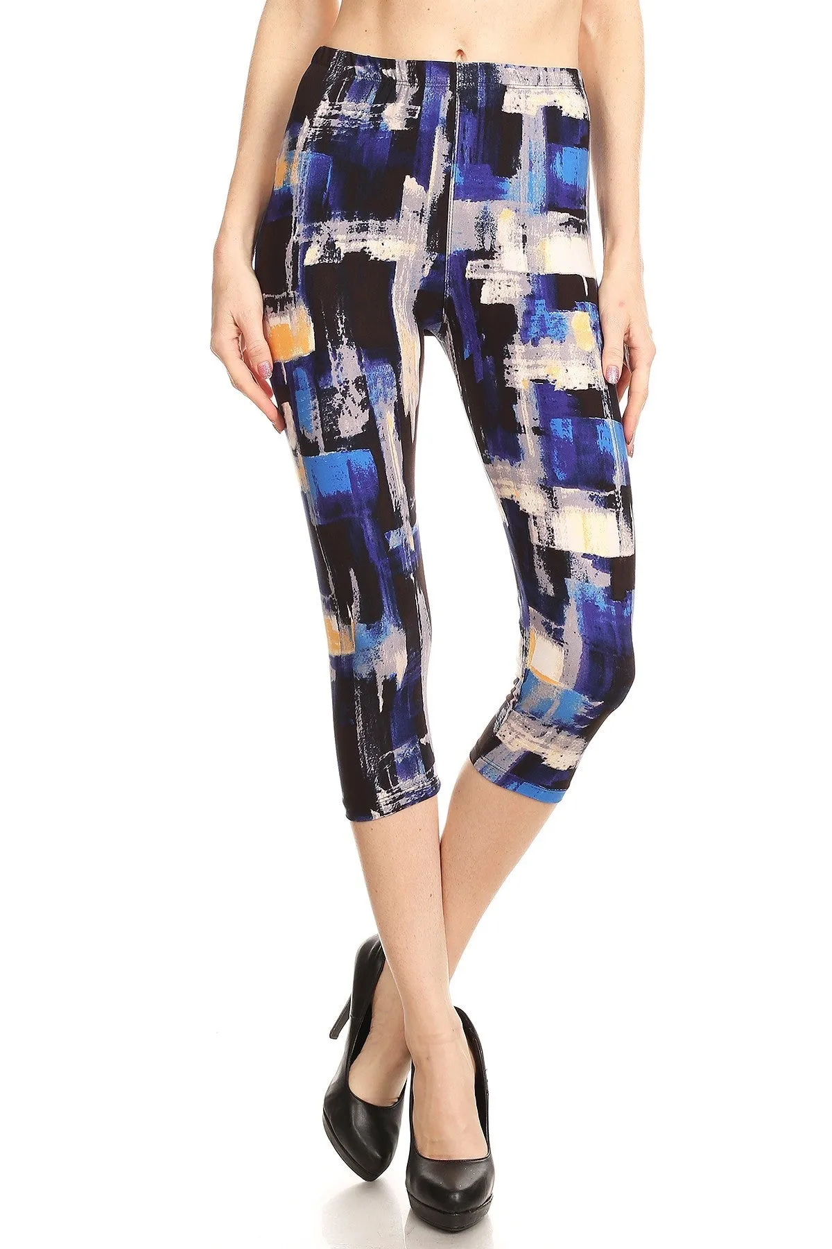 iZZYZX Women's Regular Blue Brush Stroke Printed Cropped Capri Leggings