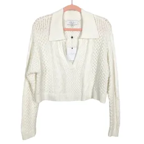 L'Academie  White Cable Knit Collared Cropped Sweater NWT- Size S