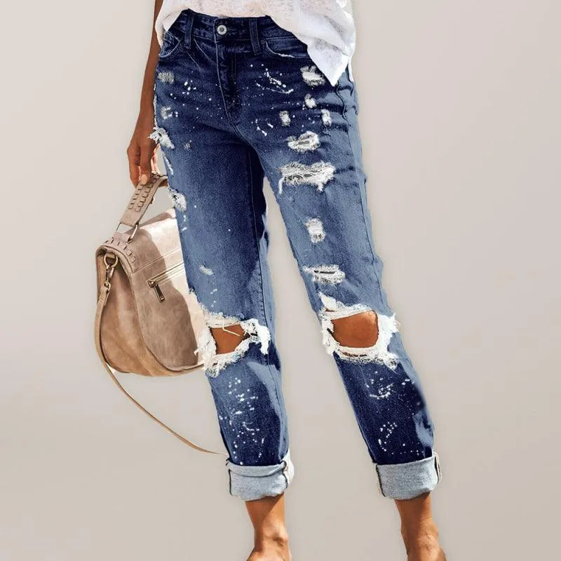 Ladies Ripped Straight-Leg Jeans