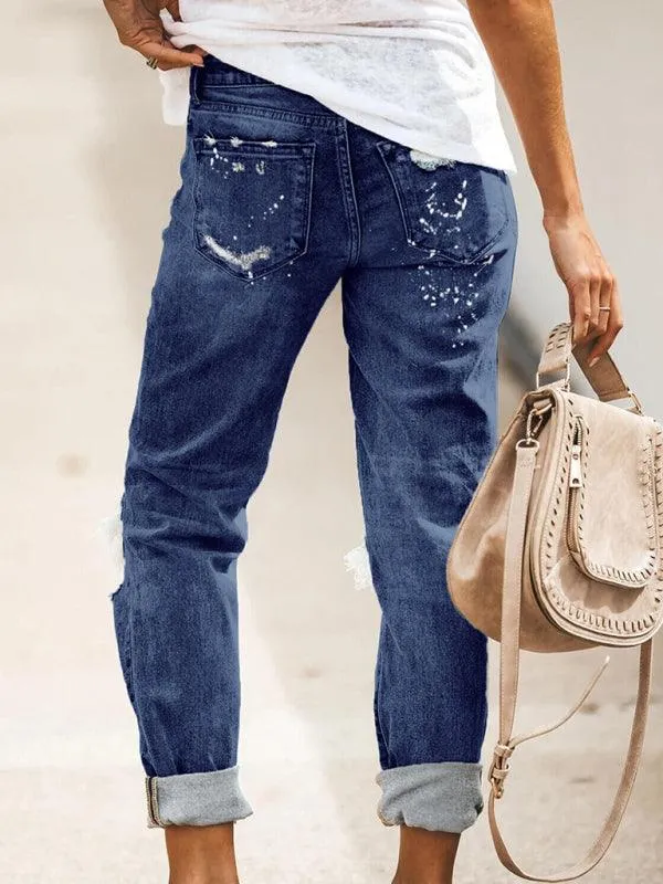 Ladies Ripped Straight-Leg Jeans