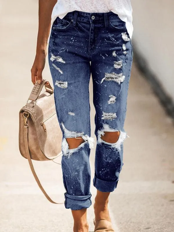 Ladies Ripped Straight-Leg Jeans