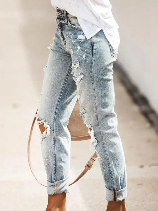 Ladies Ripped Straight-Leg Jeans