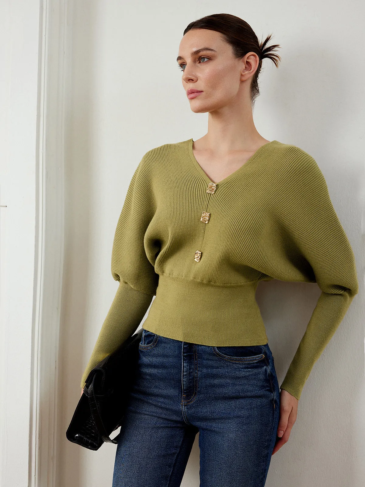 Leg-Of-Mutton Sleeve Cinched Sweater