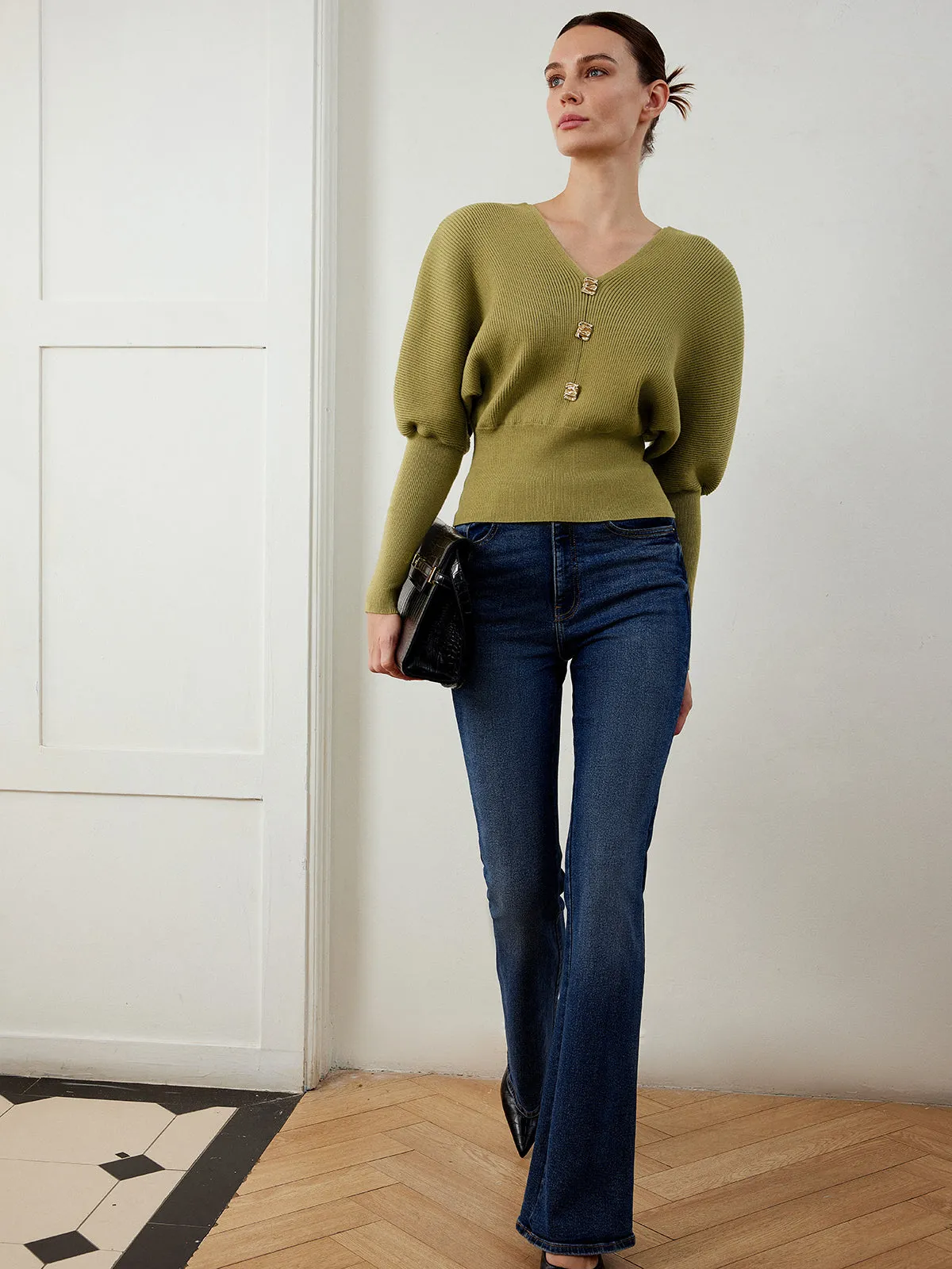 Leg-Of-Mutton Sleeve Cinched Sweater