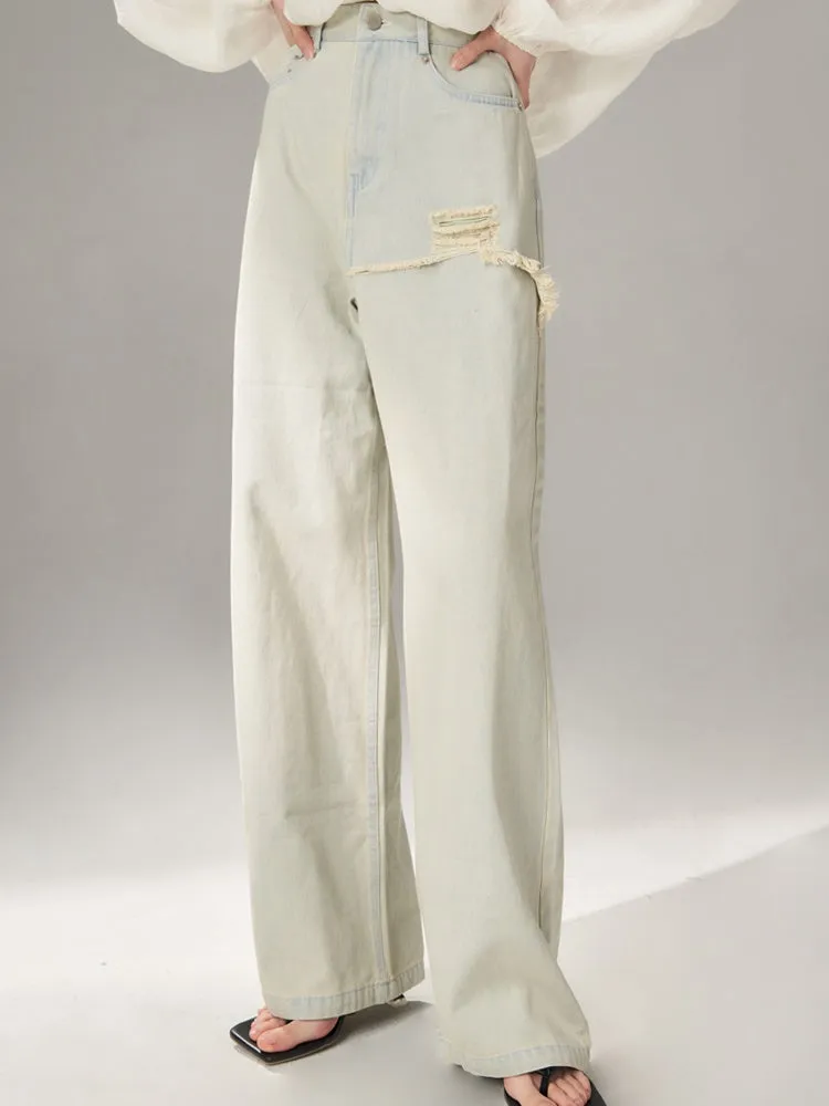 Light-colored Loose Ripped Wide-leg Jeans