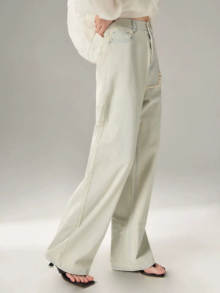 Light-colored Loose Ripped Wide-leg Jeans