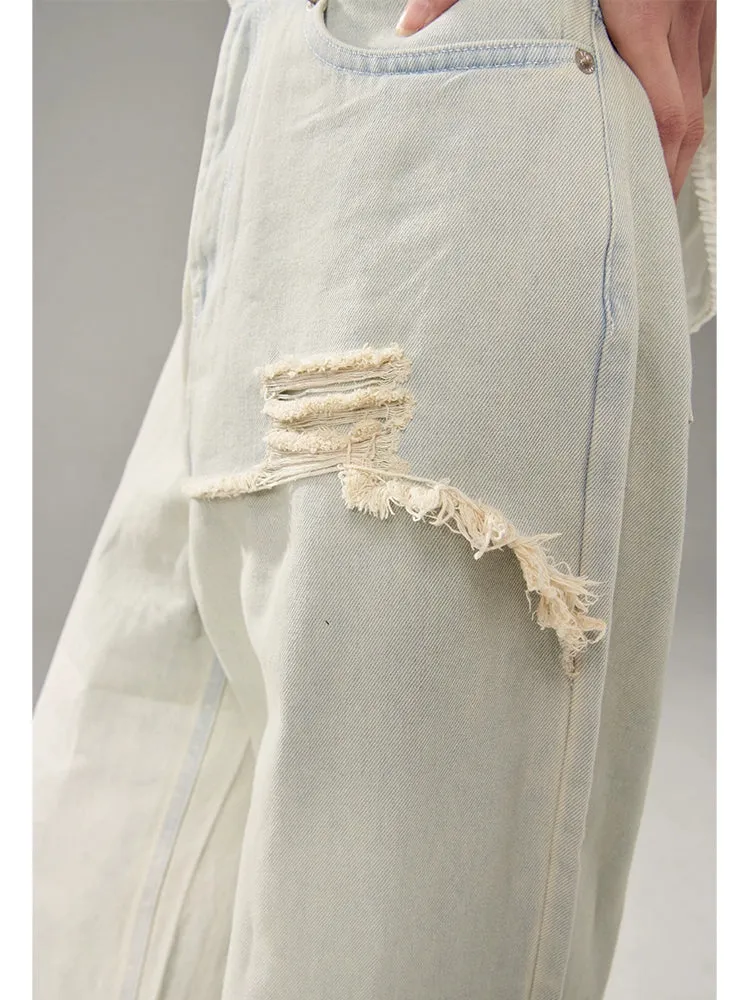 Light-colored Loose Ripped Wide-leg Jeans