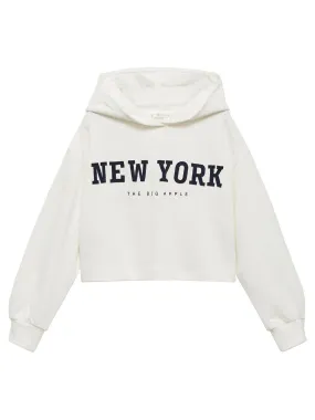 Mango Girls New York Cropped Hoody - White