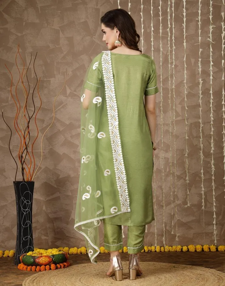 Mehndi Green Silk Plain Straight Kurta With Pant And Dupatta