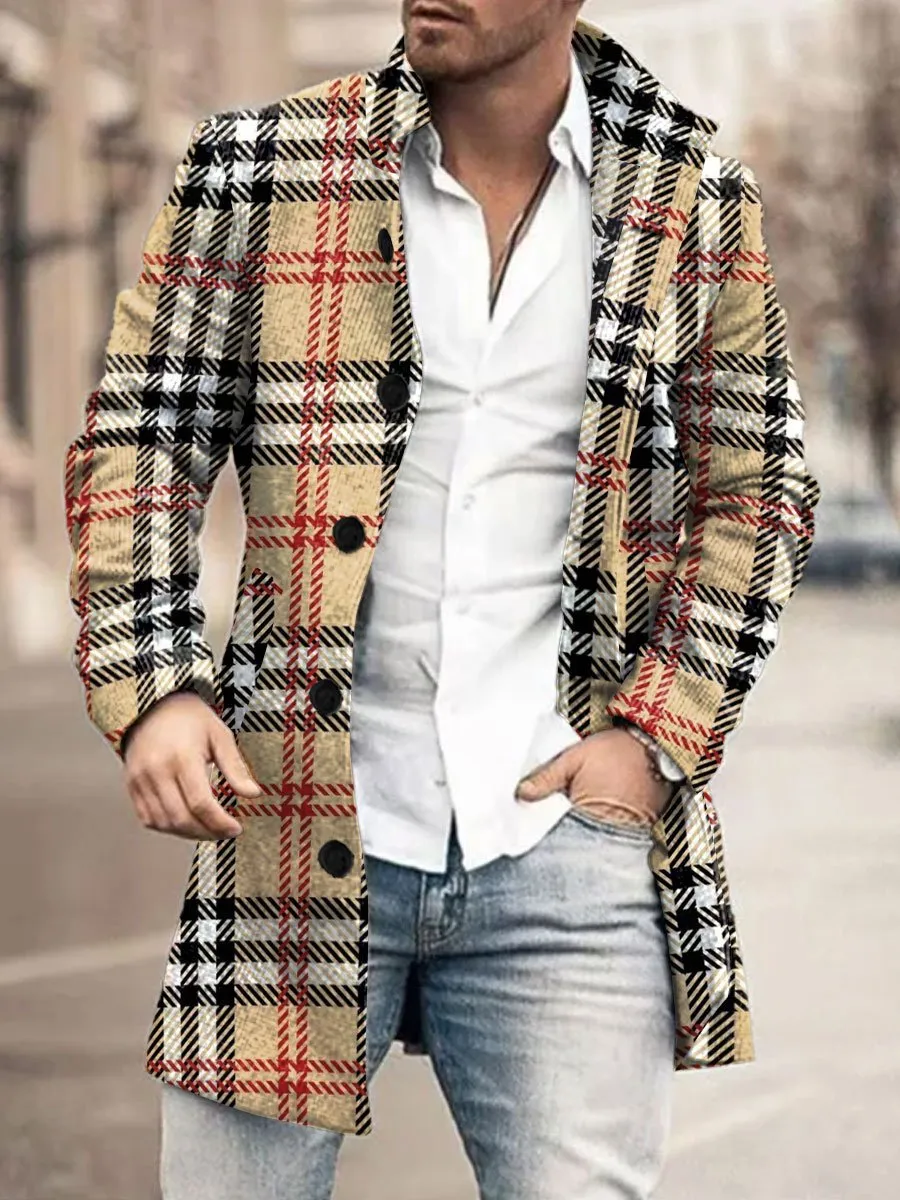 Men's Contrast Check Print Wool Double Pocket Single Breasted Coat