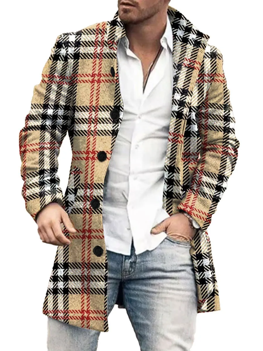 Men's Contrast Check Print Wool Double Pocket Single Breasted Coat