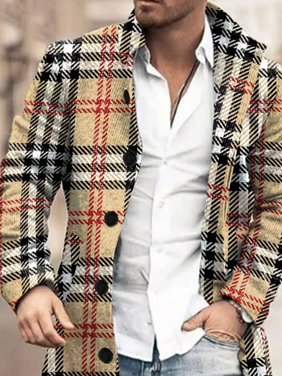 Men's Contrast Check Print Wool Double Pocket Single Breasted Coat