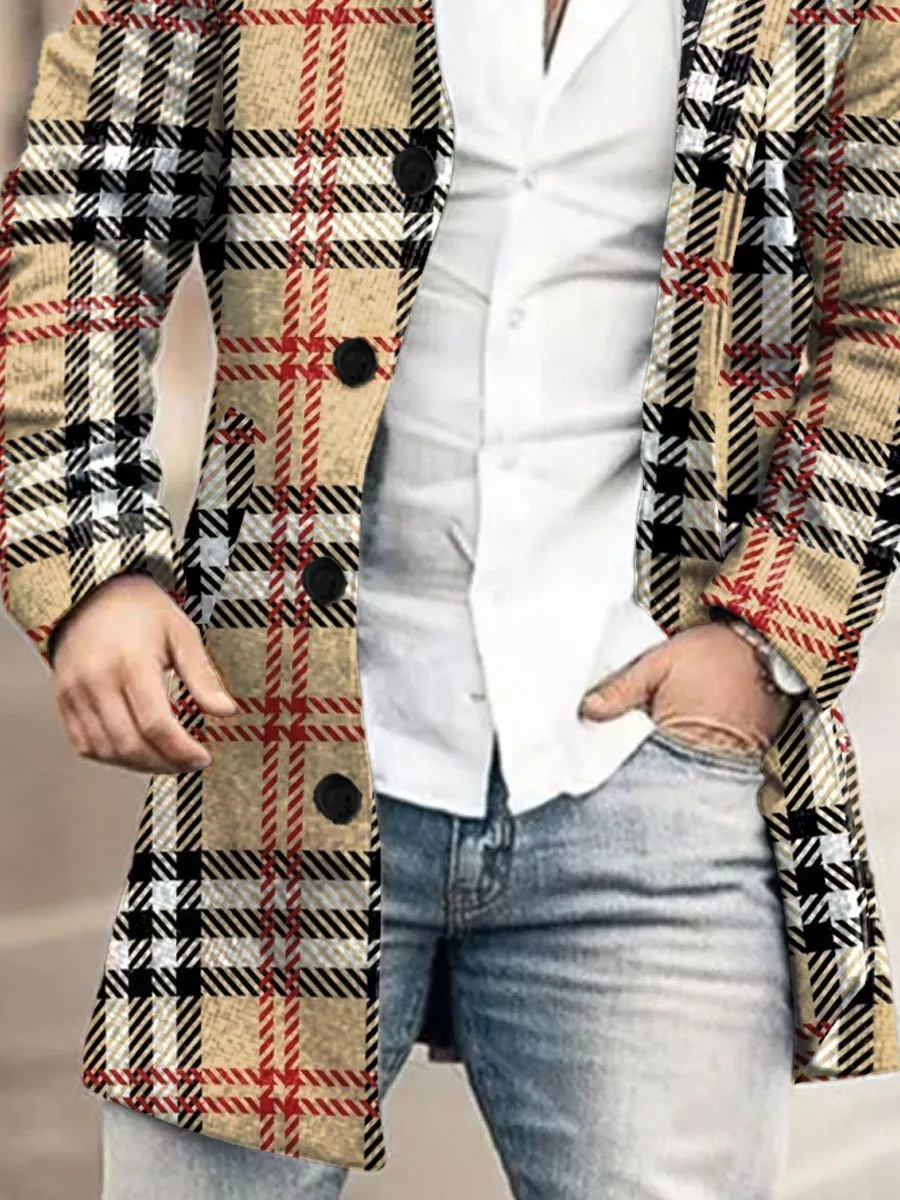 Men's Contrast Check Print Wool Double Pocket Single Breasted Coat