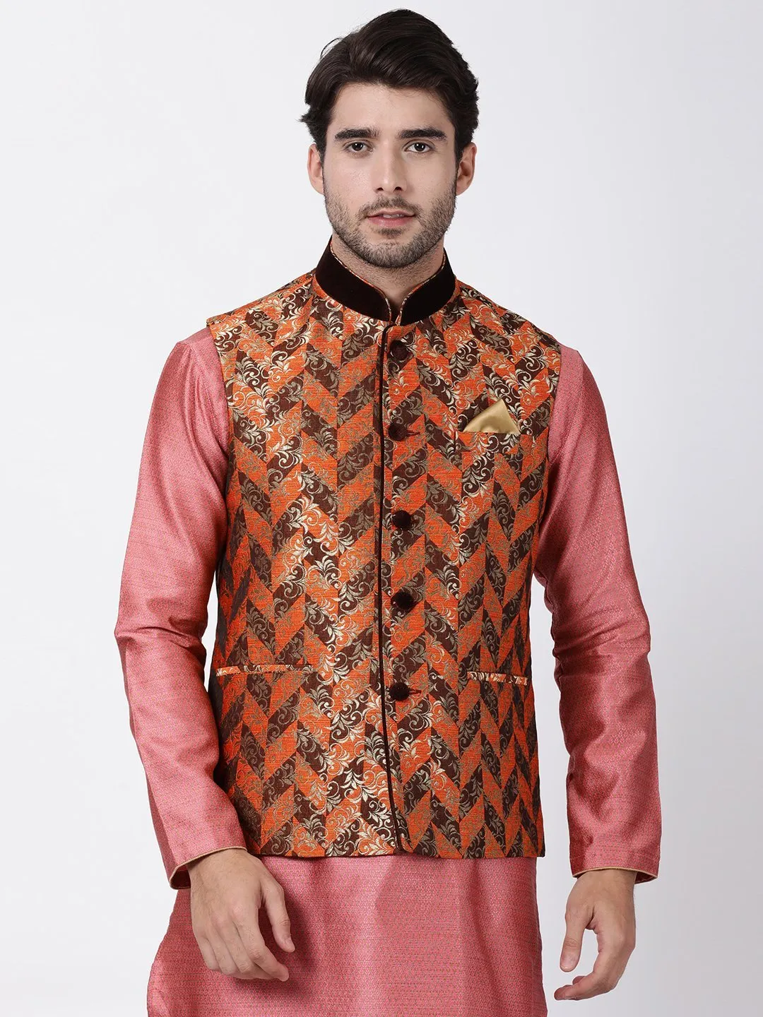 Men's Orange Cotton Silk Blend Ethnic Jacket