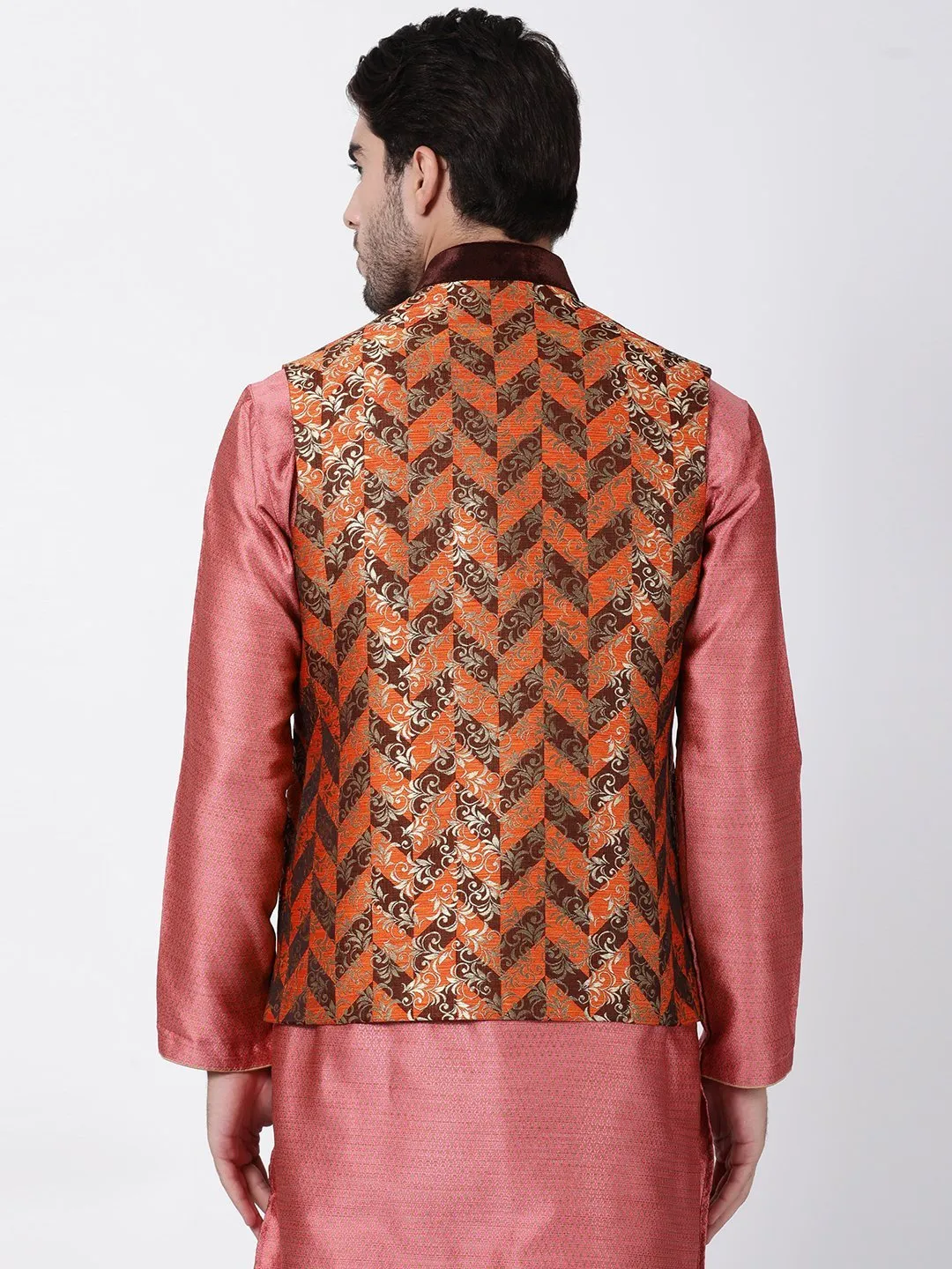 Men's Orange Cotton Silk Blend Ethnic Jacket