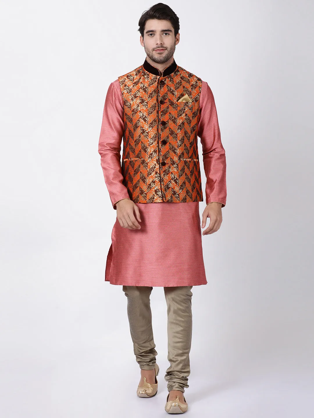 Men's Orange Cotton Silk Blend Ethnic Jacket