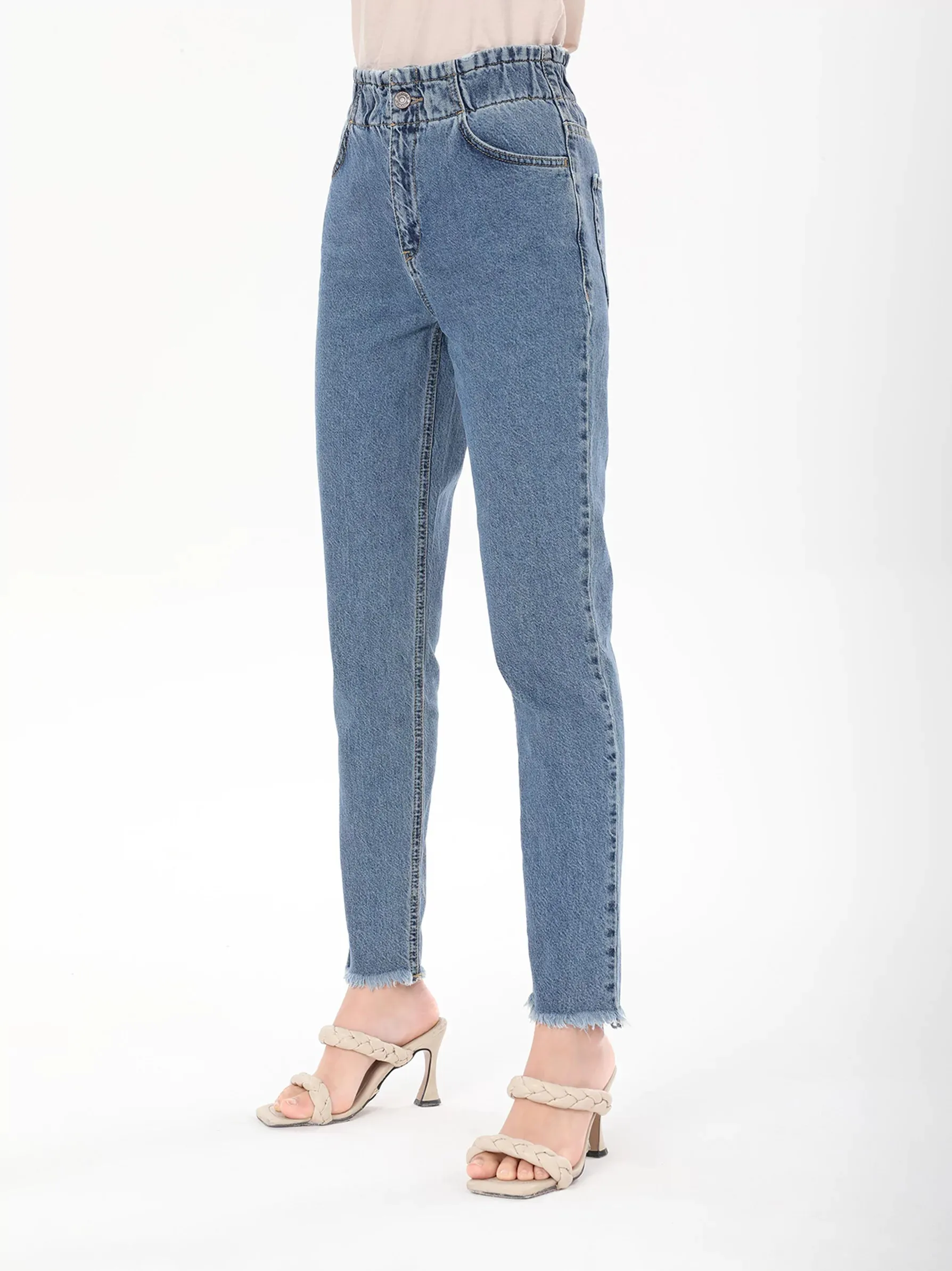 Mid-Wash Fringe Hem Jeans