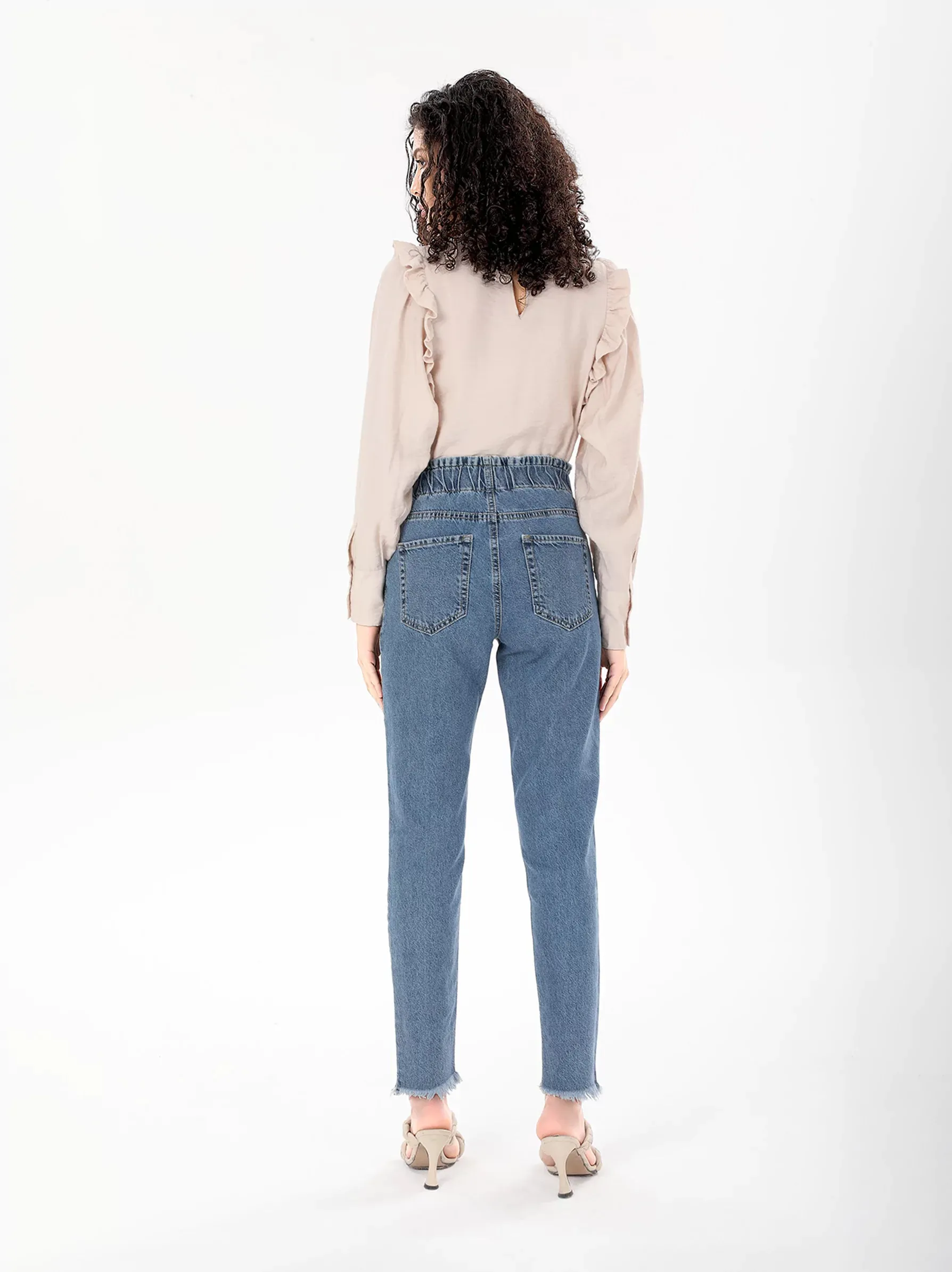 Mid-Wash Fringe Hem Jeans