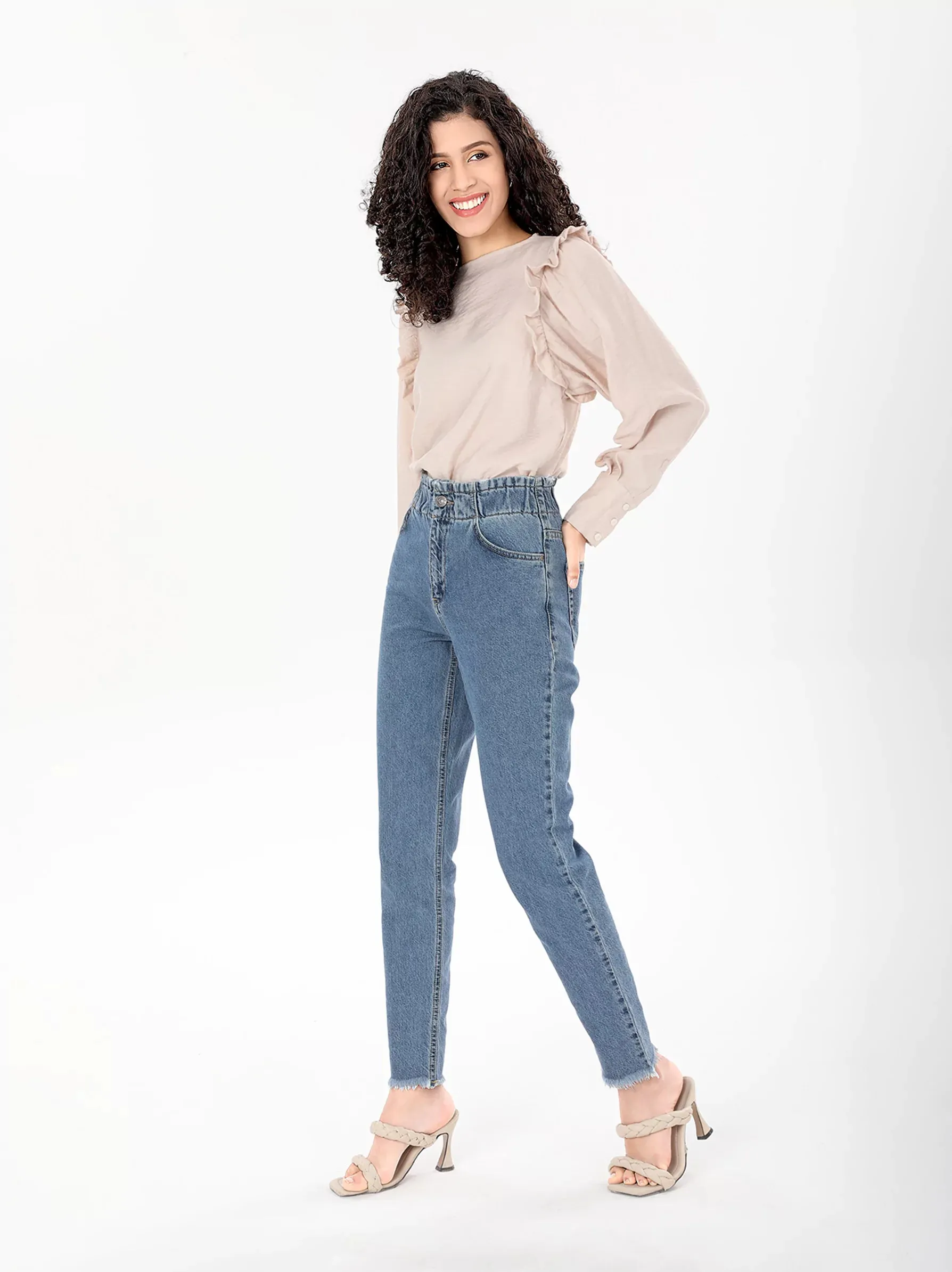 Mid-Wash Fringe Hem Jeans