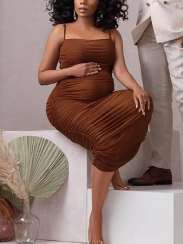 Momnfancy Brown Bodycon Cascading Ruffle Spaghetti Strap Elegant Maternity Photoshoot Maxi Dress