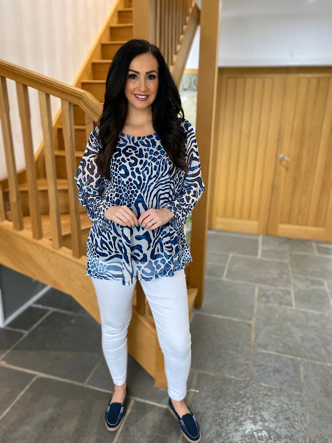 Navy Multi Animal Print Mesh Top Gina