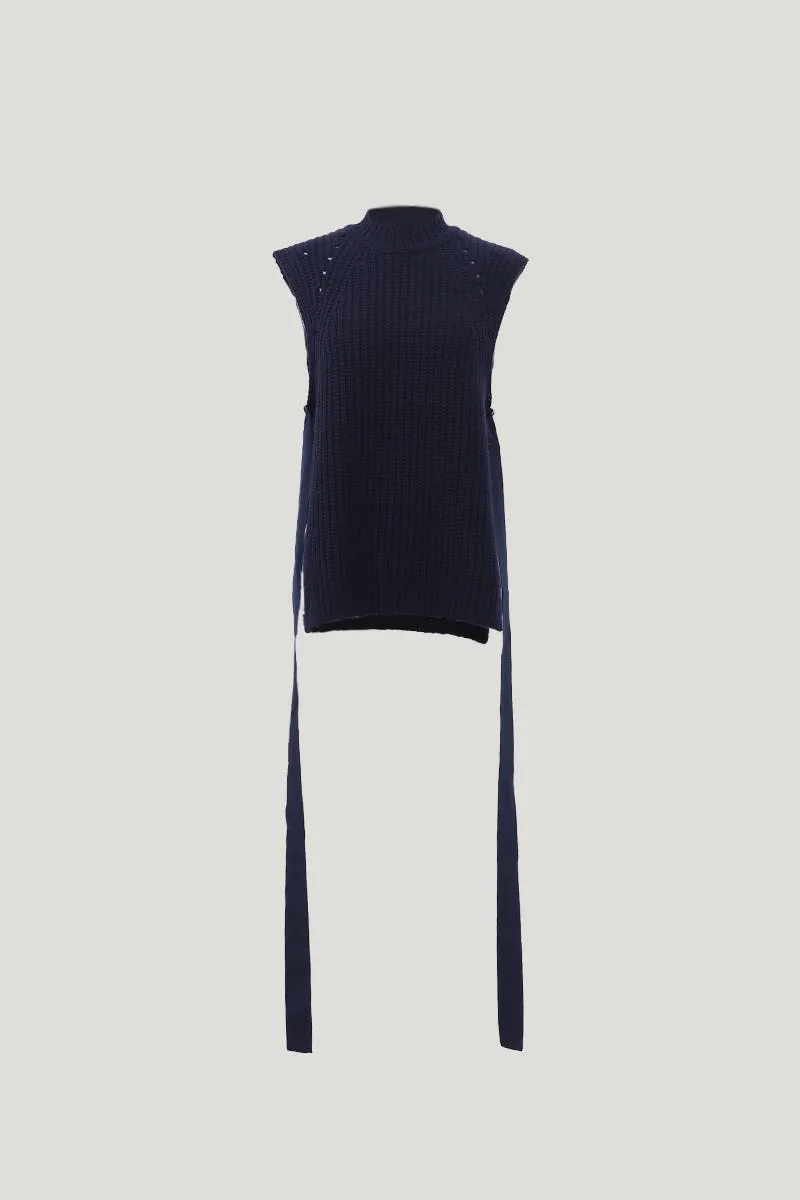 Navy Sleeveless Sweater with Side Taps