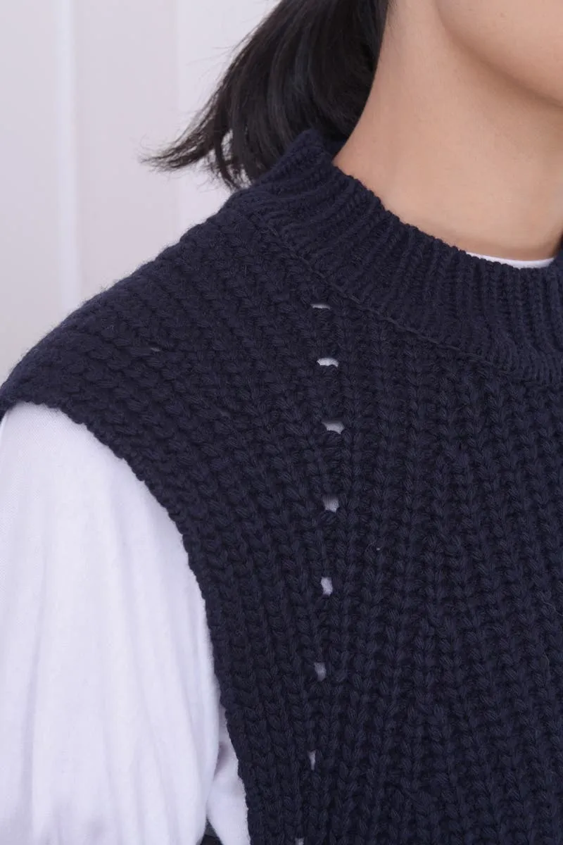 Navy Sleeveless Sweater with Side Taps