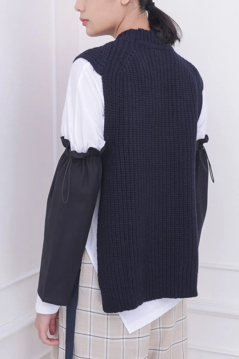 Navy Sleeveless Sweater with Side Taps