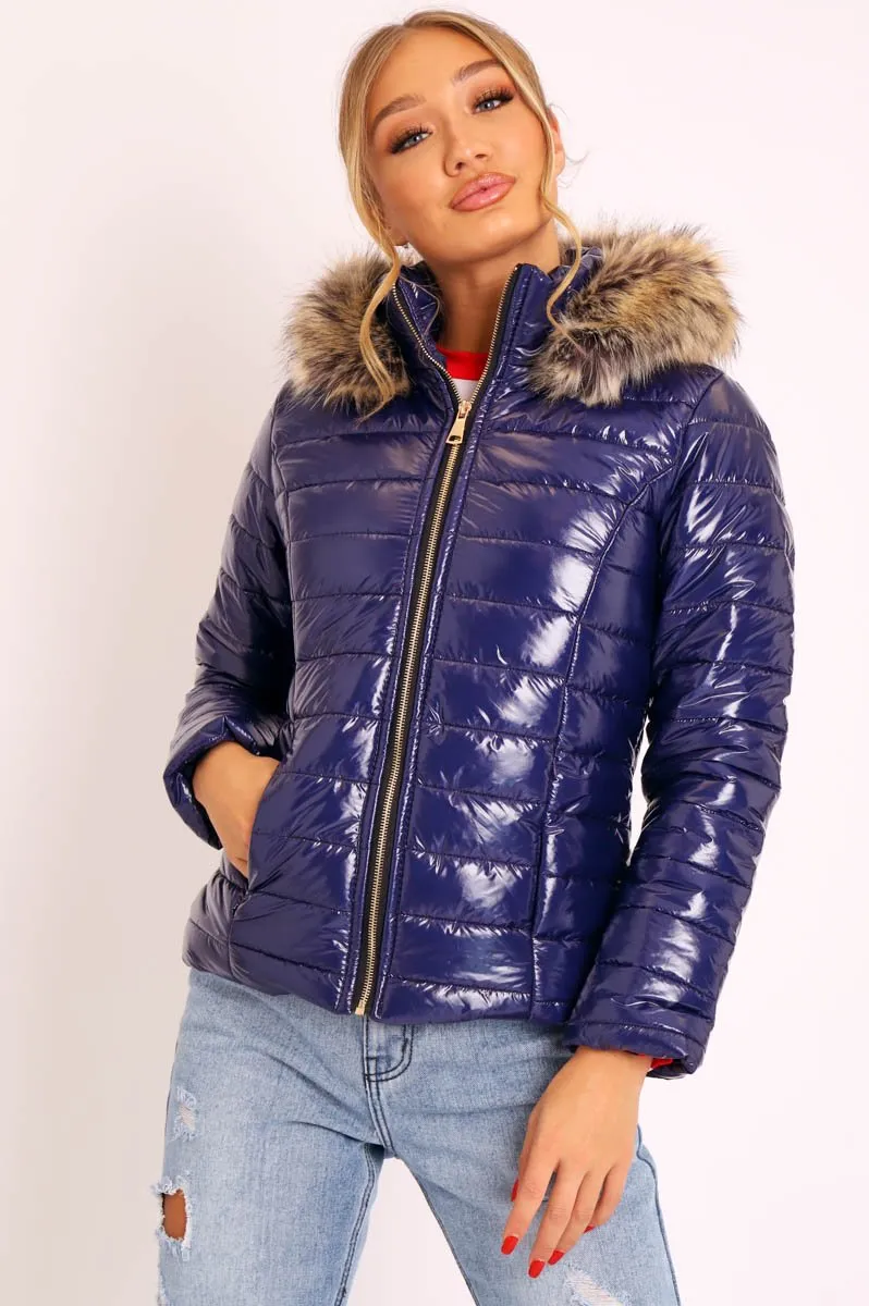 Navy Wet Look Puffer Coat - Soph