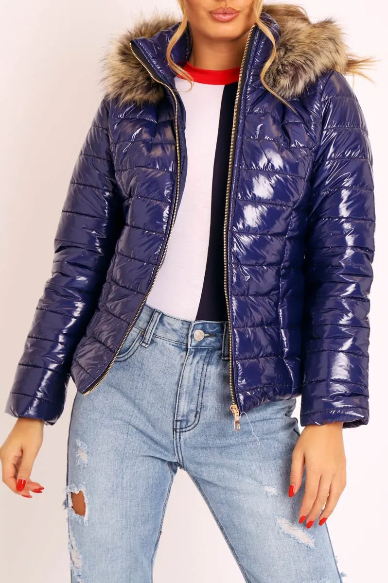 Navy Wet Look Puffer Coat - Soph