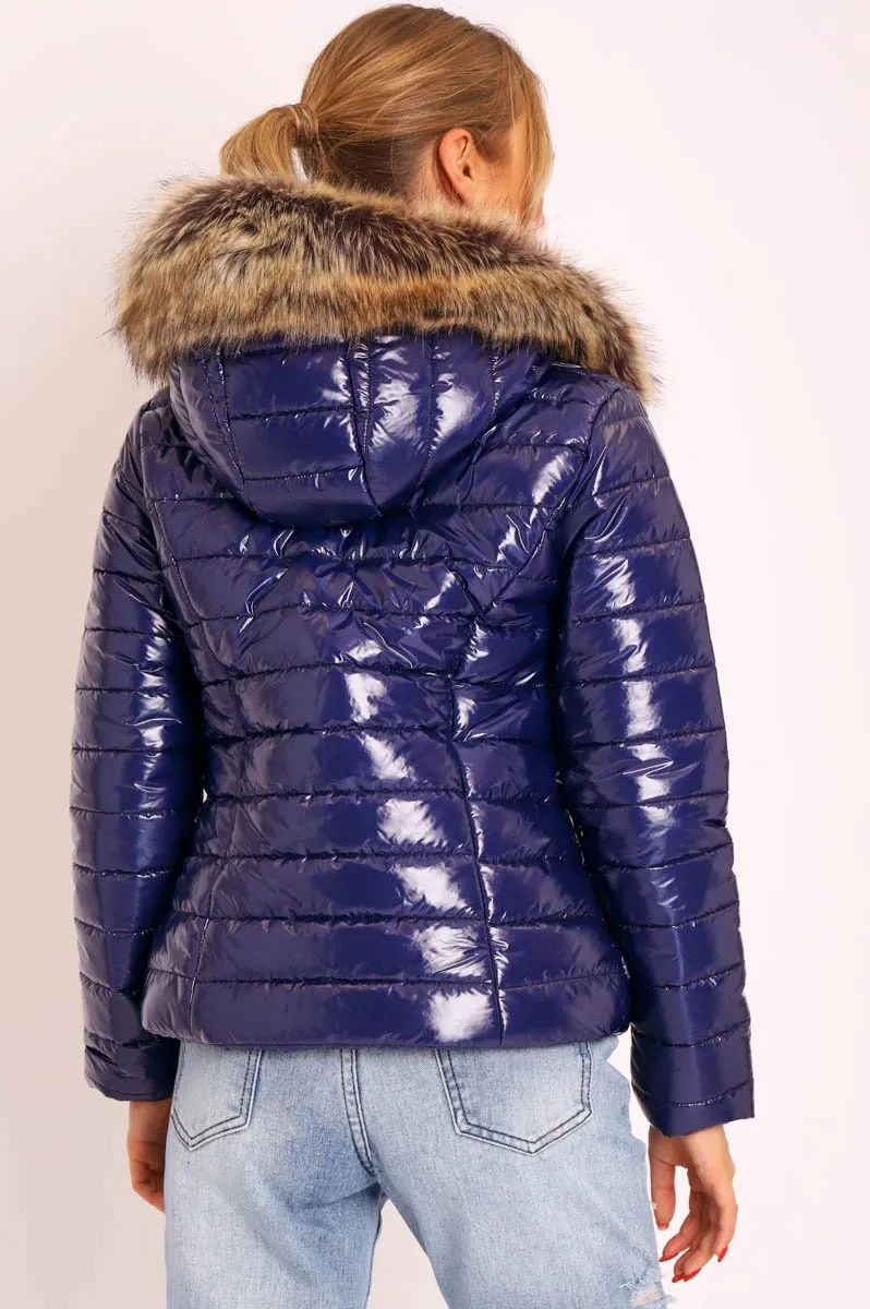 Navy Wet Look Puffer Coat - Soph