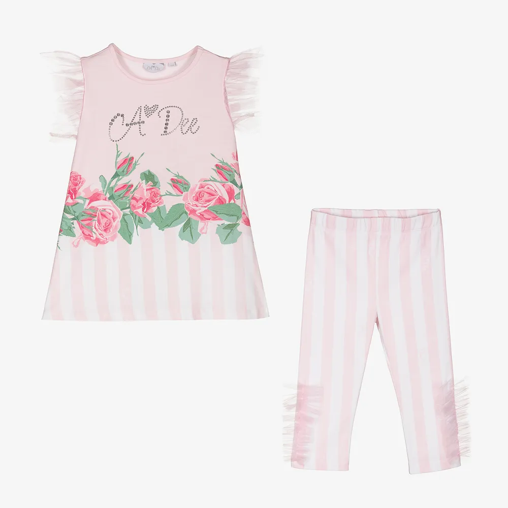 Pink Stripe Rose Leggings Set