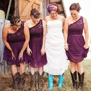 Purple Lace One Shoulder A-line Rustic Country Chiffon Bridesmaid Dresses with Cowgirl Boots