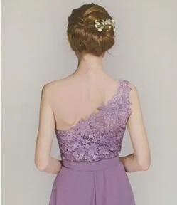 Purple Lace One Shoulder A-line Rustic Country Chiffon Bridesmaid Dresses with Cowgirl Boots