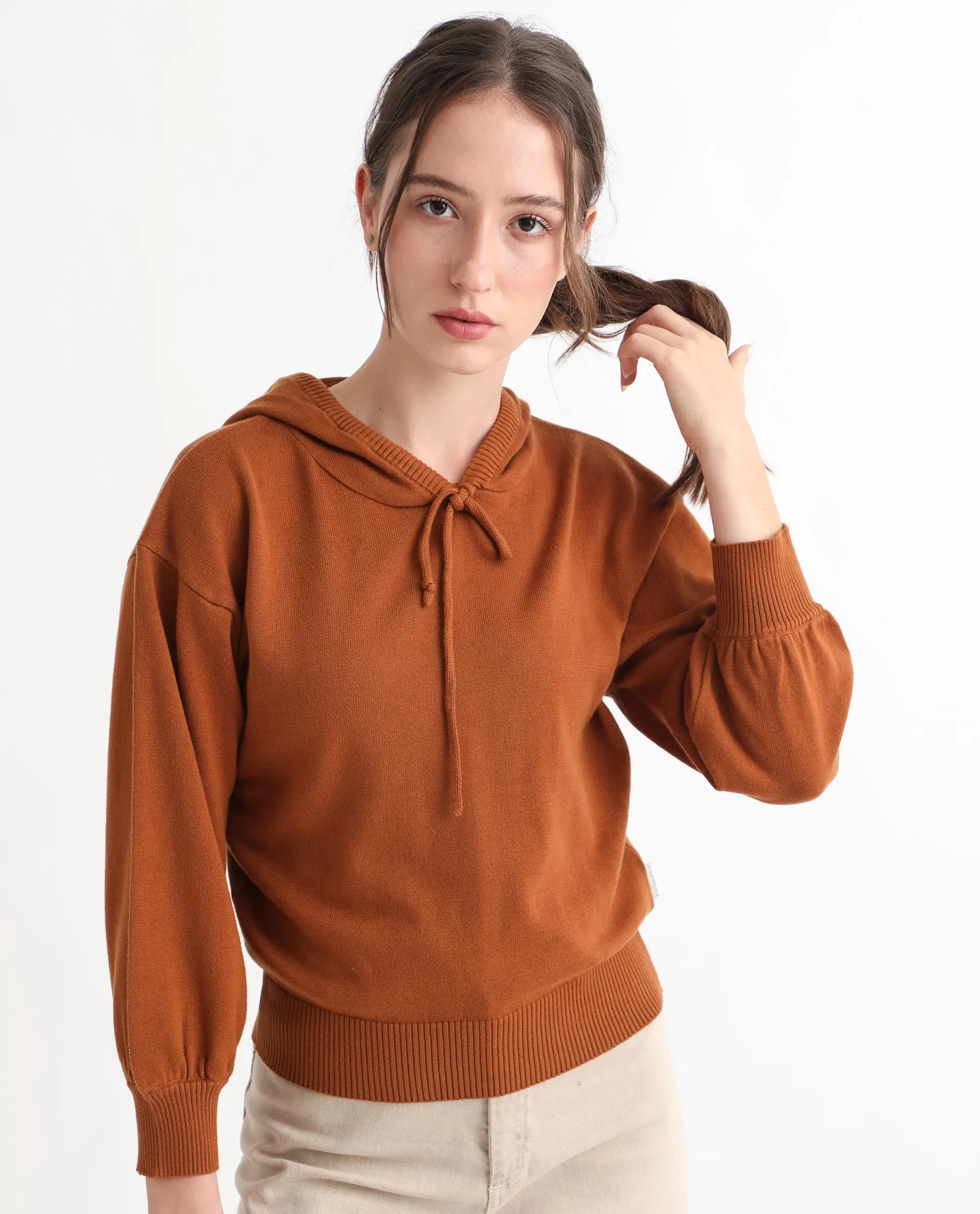 Rareism Women Finn Sweat Rust Cotton Fabric Full Sleeves Relaxed Fit Solid Hooded Sweater