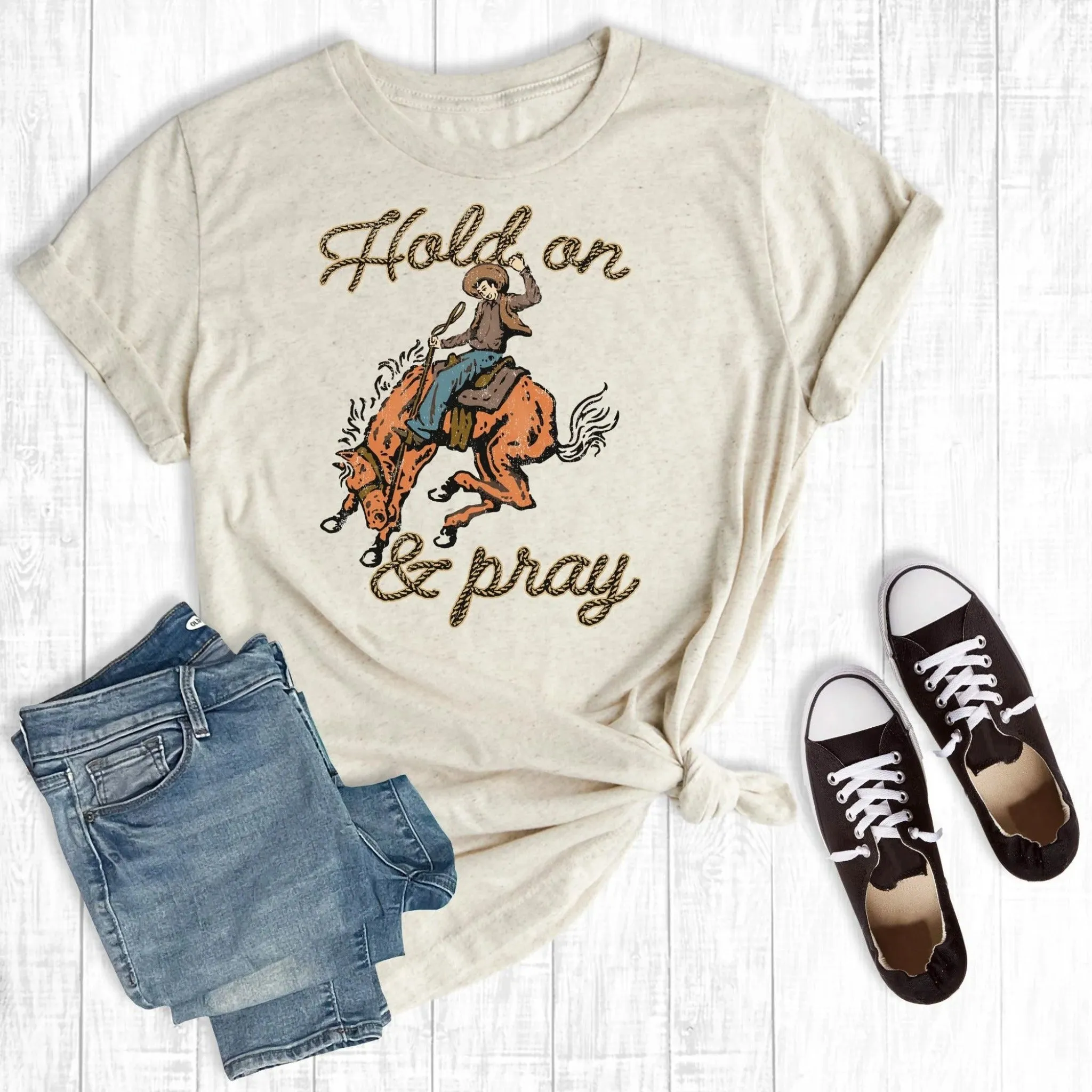 Rebel Rose Hold On & Pray Cream Bronc Tee