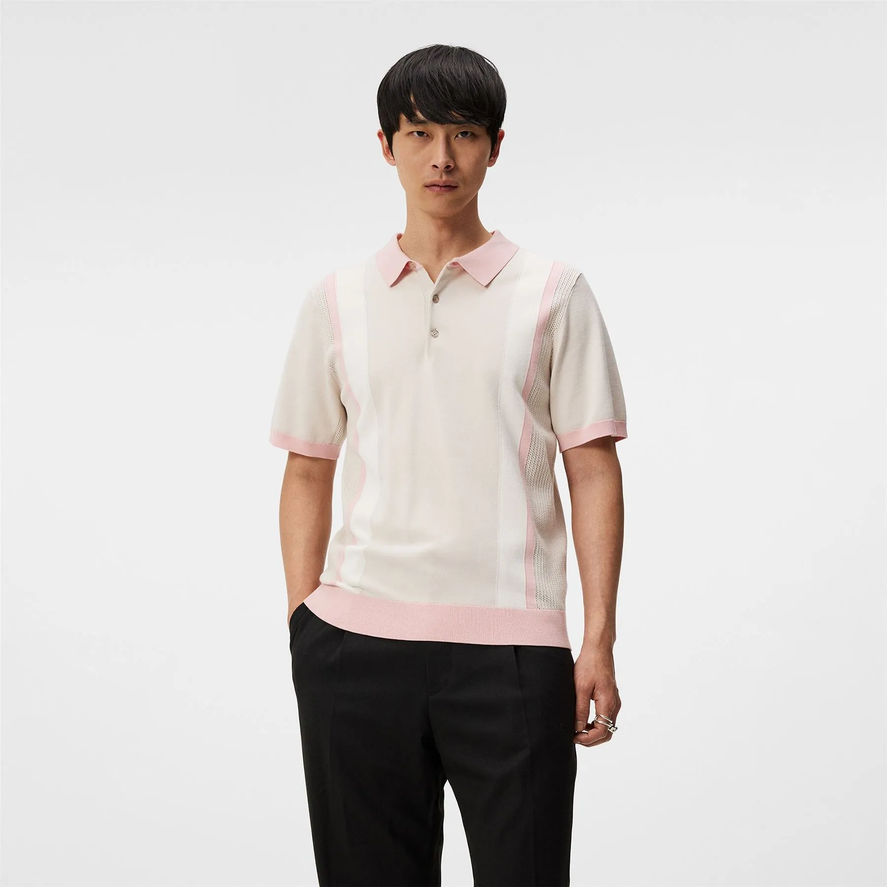 Reymond Regular Fit Knitted Stripe Polo Moonbeam Grey - SS24