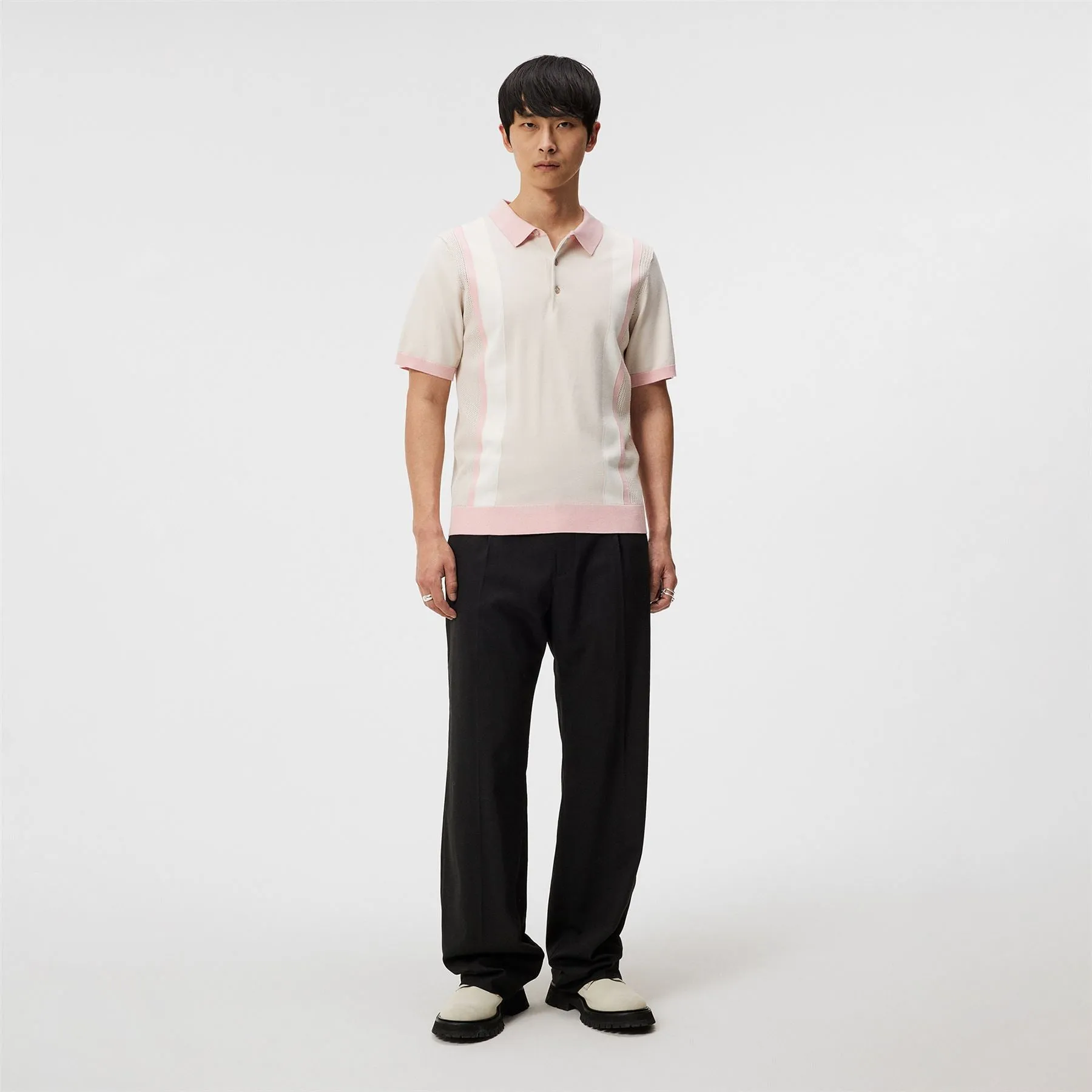 Reymond Regular Fit Knitted Stripe Polo Moonbeam Grey - SS24