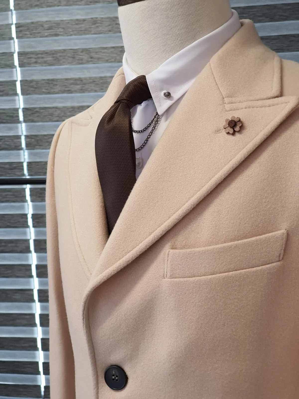 Saponi Beige Slim Fit Wool Long Coat