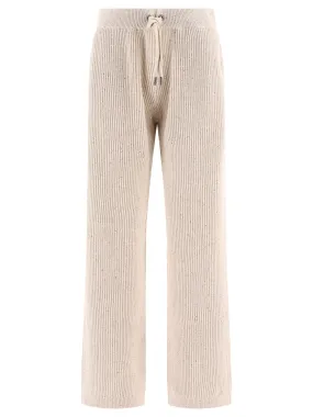 Sequin-Embellished Ribbed Trousers Beige