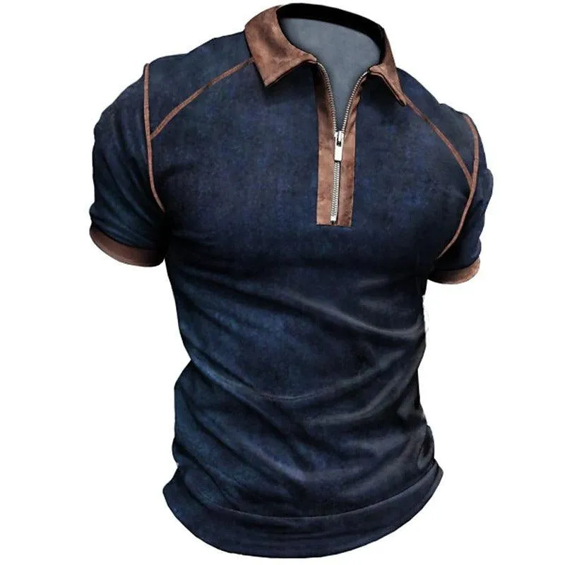 Summer New Men Polo Shirt Short Sleeve Color Matching Zipper T-Shirt Top