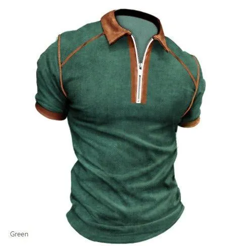 Summer New Men Polo Shirt Short Sleeve Color Matching Zipper T-Shirt Top