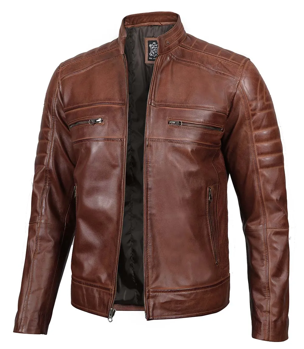 Tall Men's Cognac Brown Distressed Leather Cafe Racer Jacket