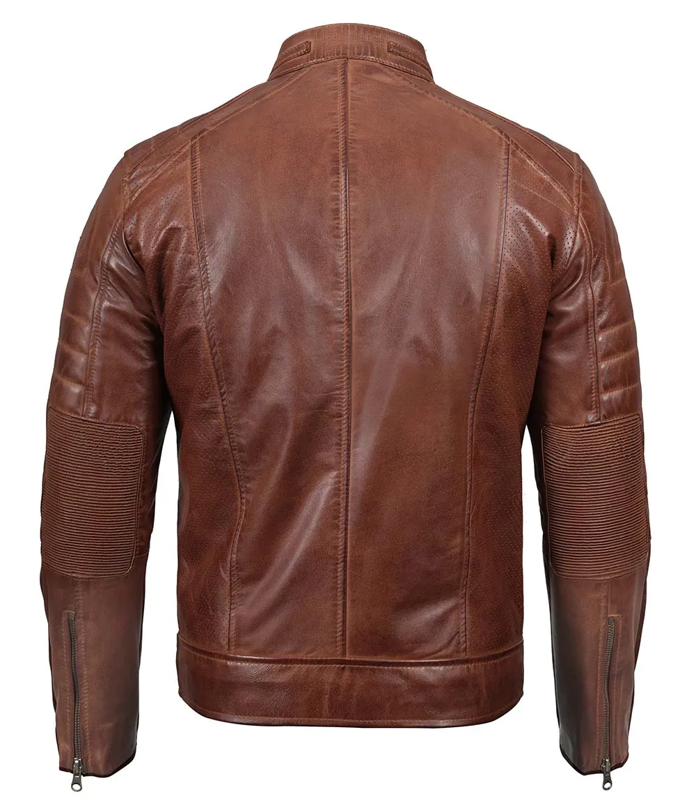 Tall Men's Cognac Brown Distressed Leather Cafe Racer Jacket