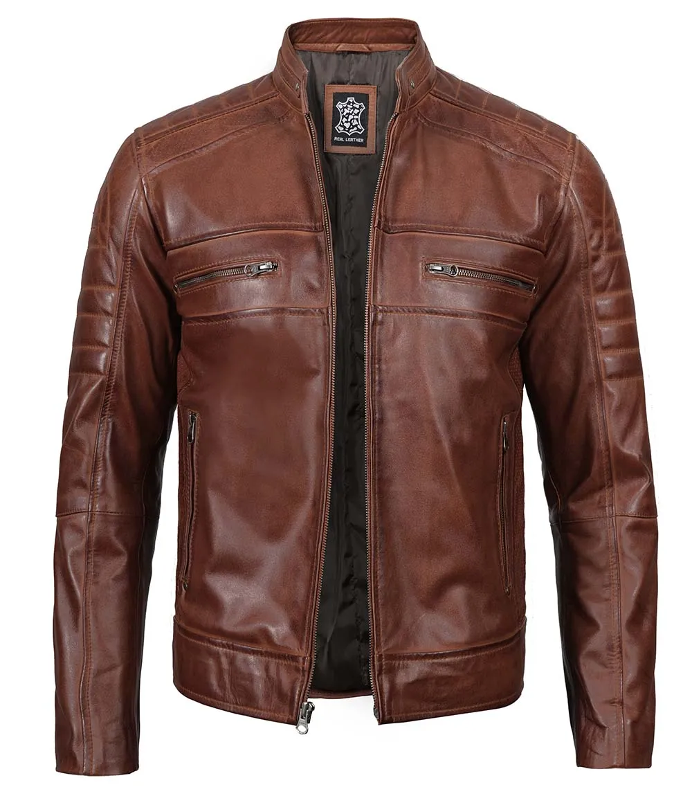 Tall Men's Cognac Brown Distressed Leather Cafe Racer Jacket