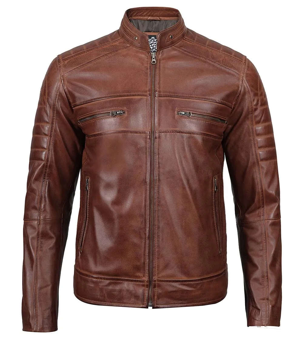 Tall Men's Cognac Brown Distressed Leather Cafe Racer Jacket